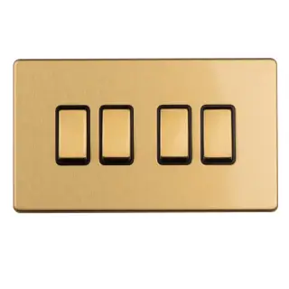 ECSB4SWB - Eurolite 4 Gang 10Amp 2Way Switch on 3mm Flat Concealed Satin Brass Plate with Black Rockers