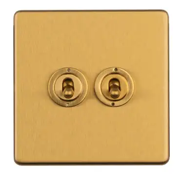 Click Here To Enlarge This Photo Of ECSBT2SW - Eurolite 2 Gang 10Amp 2Way Toggle Switch on 3mm Flat Concealed Satin Brass Plate with Black Rockers