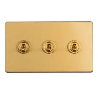 ECSBT3SW - Eurolite 3 Gang 10Amp 2Way Toggle Switch on 3mm Flat Concealed Satin Brass Plate with Black Rockers