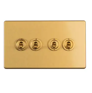 Click Here To Enlarge This Photo Of ECSBT4SW - Eurolite 4 Gang 10Amp 2Way Toggle Switch on 3mm Flat Concealed Satin Brass Plate with Black Rockers