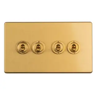 ECSBT4SW - Eurolite 4 Gang 10Amp 2Way Toggle Switch on 3mm Flat Concealed Satin Brass Plate with Black Rockers