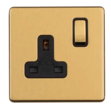 Click Here To Enlarge This Photo Of ECSB1SOB - Eurolite 1 Gang 13Amp DP Switched Socket on 3mm Flat Concealed Satin Brass Plate with Black Rocker