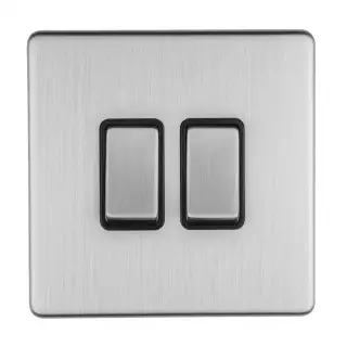 ECSS2SWB - Eurolite 2 Gang 10Amp 2Way Switch on 3mm Flat Concealed Satin Stainless Plate with Matching Rockers & Black Trim