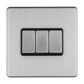 ECSS3SWB - Eurolite 3 Gang 10Amp 2Way Switch on 3mm Flat Concealed Satin Stainless Plate with Matching Rockers & Black Trim