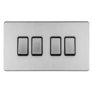 Click Here To Enlarge This Photo Of ECSS4SWB - Eurolite 4 Gang 10Amp 2Way Switch on 3mm Flat Concealed Satin Stainless Plate with Matching Rockers & Black Trim