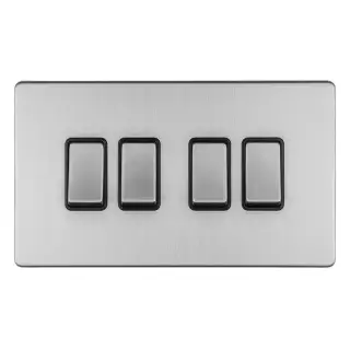 ECSS4SWB - Eurolite 4 Gang 10Amp 2Way Switch on 3mm Flat Concealed Satin Stainless Plate with Matching Rockers & Black Trim