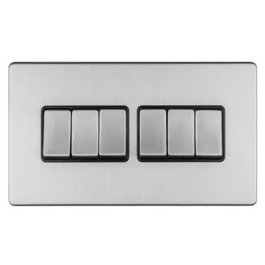 Click Here To Enlarge This Photo Of ECSS6SWB - Eurolite 6 Gang 10Amp 2Way Switch on 3mm Flat Concealed Satin Stainless Plate with Matching Rockers & Black Trim