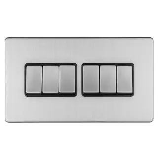 ECSS6SWB - Eurolite 6 Gang 10Amp 2Way Switch on 3mm Flat Concealed Satin Stainless Plate with Matching Rockers & Black Trim