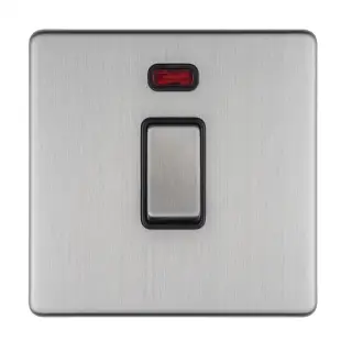 ECSS20ADPSWNB - Eurolite 1 Gang 20Amp DP Switch & Neon Indicator on 3mm Flat Concealed Satin Stainless Plate with Matching Rocker & Black Trim