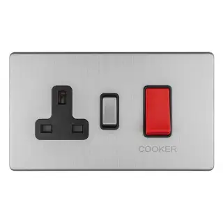 ECSS45ASWASB - Eurolite 45Amp DP Cooker Switch with 13Amp Socket on 3mm Flat Concealed Satin Stainless Plate with Matching Rocker