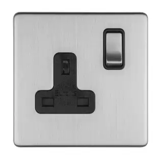 ECSS1SOB - Eurolite 1 Gang 13Amp DP Switched Socket on 3mm Flat Concealed Satin Stainless Plate with Matching Rocker & Black Trim
