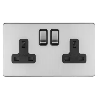 ECSS2SOB - Eurolite 2 Gang 13Amp DP Switched Socket on 3mm Flat Concealed Satin Stainless Plate with Matching Rocker & Black Trim