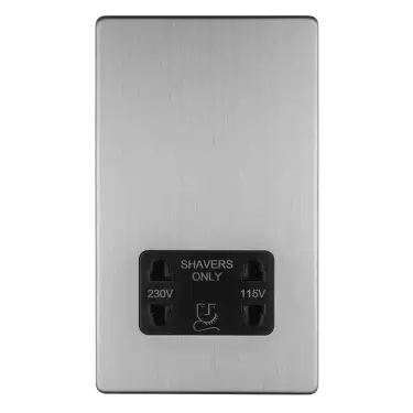 Click Here To Enlarge This Photo Of ECSSSHSB - Eurolite 2 Gang Shaver Socket 230/115V on 3mm Flat Concealed Satin Stainless Plate with Black Trim