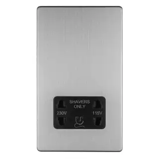 ECSSSHSB - Eurolite 2 Gang Shaver Socket 230/115V on 3mm Flat Concealed Satin Stainless Plate with Black Trim