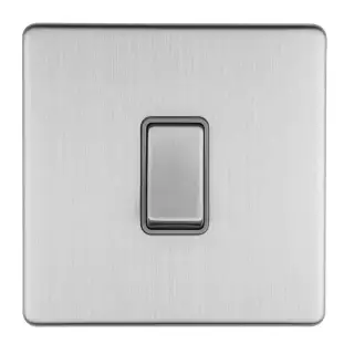 ECSS1SWG - Eurolite 1 Gang 10Amp 2Way Switch on 3mm Flat Concealed Satin Stainless Plate with Matching Rocker & Grey Trim