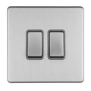 ECSS2SWG - Eurolite 2 Gang 10Amp 2Way Switch on 3mm Flat Concealed Satin Stainless Plate with Matching Rocker & Grey Trim