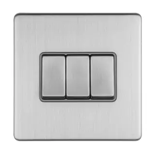 ECSS3SWG - Eurolite 3 Gang 10Amp 2Way Switch on 3mm Flat Concealed Satin Stainless Plate with Matching Rocker & Grey Trim
