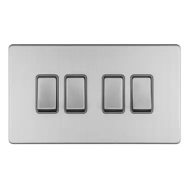 Click Here To Enlarge This Photo Of ECSS4SWG - Eurolite 4 Gang 10Amp 2Way Switch on 3mm Flat Concealed Satin Stainless Plate with Matching Rocker & Grey Trim