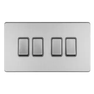 ECSS4SWG - Eurolite 4 Gang 10Amp 2Way Switch on 3mm Flat Concealed Satin Stainless Plate with Matching Rocker & Grey Trim