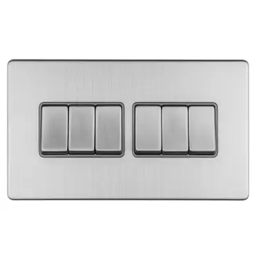 Click Here To Enlarge This Photo Of ECSS6SWG - Eurolite 6 Gang 10Amp 2Way Switch on 3mm Flat Concealed Satin Stainless Plate with Matching Rocker & Grey Trim