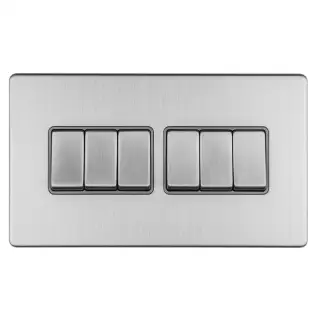 ECSS6SWG - Eurolite 6 Gang 10Amp 2Way Switch on 3mm Flat Concealed Satin Stainless Plate with Matching Rocker & Grey Trim