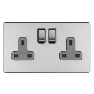 ECSS2SOG - Eurolite 2 Gang 13Amp DP Switched Socket on 3mm Flat Concealed Satin Stainless Plate with Matching Rocker & Grey Trim