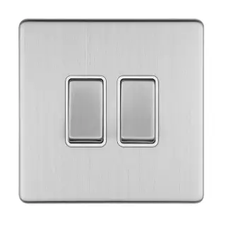 ECSS2SWW - Eurolite 2 Gang 10Amp 2Way Switch on 3mm Flat Concealed Satin Stainless Plate with Matching Rockers with White Trim