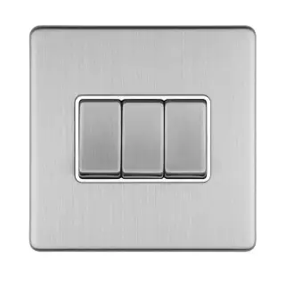ECSS3SWW - Eurolite 3 Gang 10Amp 2Way Switch on 3mm Flat Concealed Satin Stainless Plate with Matching Rockers with White Trim