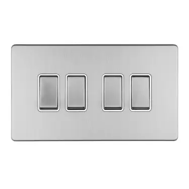 Click Here To Enlarge This Photo Of ECSS4SWW - Eurolite 4 Gang 10Amp 2Way Switch on 3mm Flat Concealed Satin Stainless Plate with Matching Rockers with White Trim