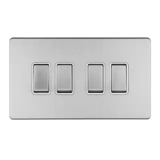 ECSS4SWW - Eurolite 4 Gang 10Amp 2Way Switch on 3mm Flat Concealed Satin Stainless Plate with Matching Rockers with White Trim