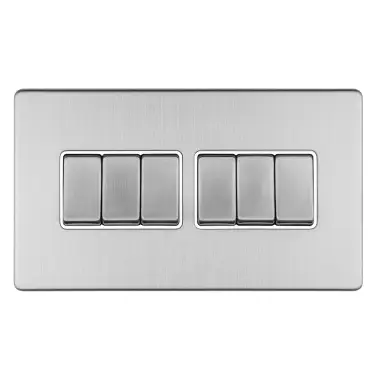 Click Here To Enlarge This Photo Of ECSS6SWW - Eurolite 6 Gang 10Amp 2Way Switch on 3mm Flat Concealed Satin Stainless Plate with Matching Rockers with White Trim