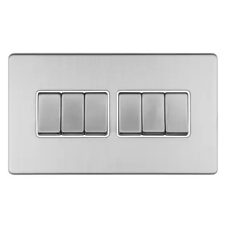 ECSS6SWW - Eurolite 6 Gang 10Amp 2Way Switch on 3mm Flat Concealed Satin Stainless Plate with Matching Rockers with White Trim