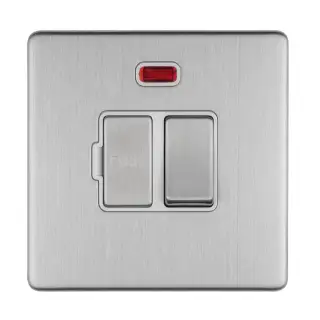 ECSSSWFNW - Eurolite 13Amp Switched Fuse Spur with Neon Indicator on 3mm Flat Concealed Satin Stainless Plate with Matching Rocker & White Trim