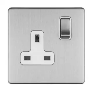 ECSS1SOW - Eurolite 1 Gang 13Amp DP Switched Socket on 3mm Flat Concealed Satin Stainless Plate with Matching Rocker & White Trim