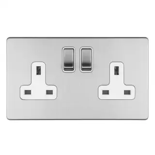 ECSS2SOW - Eurolite 2 Gang 13Amp DP Switched Socket on 3mm Flat Concealed Satin Stainless Plate with Matching Rocker & White Trim