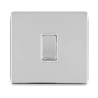 ECPC1SWW - Eurolite 1 Gang 10Amp 2Way Switch on 3mm Flat Concealed Polished Chrome Plate with Matching Rocker & White Trim