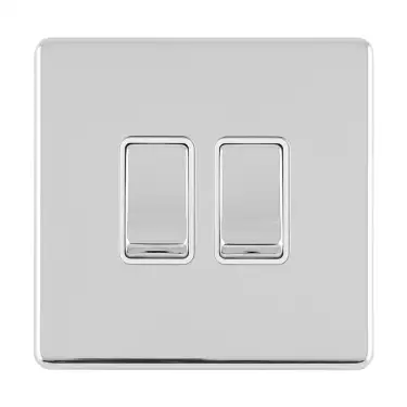 Click Here To Enlarge This Photo Of ECPC2SWW - Eurolite 2 Gang 10Amp 2Way Switch on 3mm Flat Concealed Polished Chrome Plate with Matching Rockers & White Trim