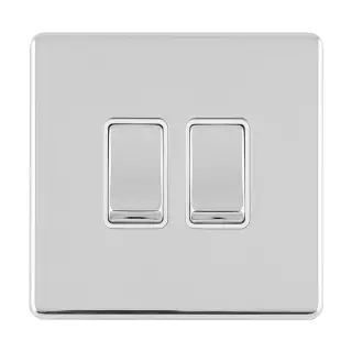 ECPC2SWW - Eurolite 2 Gang 10Amp 2Way Switch on 3mm Flat Concealed Polished Chrome Plate with Matching Rockers & White Trim