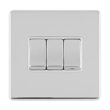 Click Here To Enlarge This Photo Of ECPC3SWW - Eurolite 3 Gang 10Amp 2Way Switch on 3mm Flat Concealed Polished Chrome Plate with Matching Rockers & White Trim