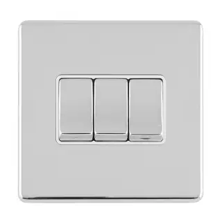 ECPC3SWW - Eurolite 3 Gang 10Amp 2Way Switch on 3mm Flat Concealed Polished Chrome Plate with Matching Rockers & White Trim