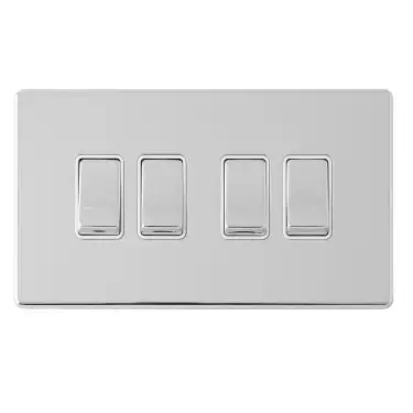 Click Here To Enlarge This Photo Of ECPC4SWW - Eurolite 4 Gang 10Amp 2Way Switch on 3mm Flat Concealed Polished Chrome Plate with Matching Rockers & White Trim