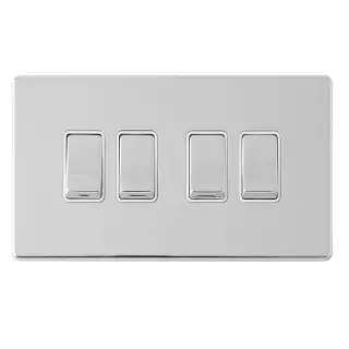 ECPC4SWW - Eurolite 4 Gang 10Amp 2Way Switch on 3mm Flat Concealed Polished Chrome Plate with Matching Rockers & White Trim