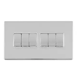 ECPC6SWW - Eurolite 6 Gang 10Amp 2Way Switch on 3mm Flat Concealed Polished Chrome Plate with Matching Rockers & White Trim