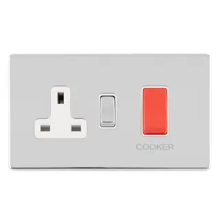 ECPC45ASWASW - Eurolite 45Amp DP Cooker Switch with 13Amp Socket on 3mm Flat Concealed Polished Chrome Plate with Matching Rocker & White Trim