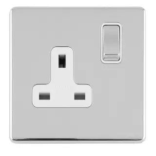 ECPC1SOW - Eurolite 1 Gang 13Amp DP Switched Socket on 3mm Flat Concealed Polished Chrome Plate with Matching Rocker & White Trim