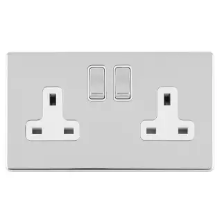 ECPC2SOW - Eurolite 2 Gang 13Amp DP Switched Socket on 3mm Flat Concealed Polished Chrome Plate with Matching Rocker & White Trim