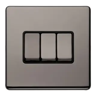 ECBN3SWB - Eurolite 3 Gang 10Amp 2Way Switch on 3mm Flat Concealed Black Nickel Plate with Matching Rockers
