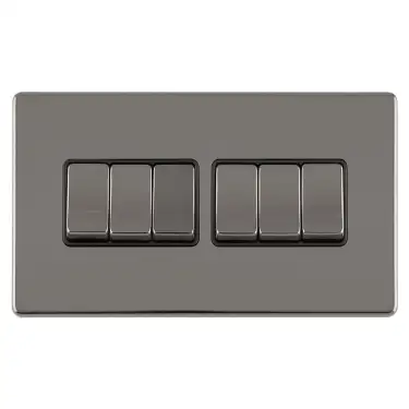 Click Here To Enlarge This Photo Of ECBN6SWB - Eurolite 6 Gang 10Amp 2Way Switch on 3mm Flat Concealed Black Nickel Plate with Matching Rockers