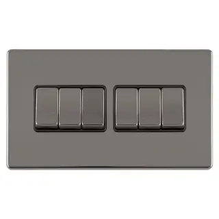 ECBN6SWB - Eurolite 6 Gang 10Amp 2Way Switch on 3mm Flat Concealed Black Nickel Plate with Matching Rockers