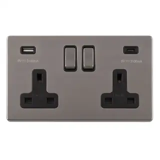 ECBN2USBCB - Eurolite 2 Gang 13Amp DP Switched Socket on 3mm Flat Concealed Black Nickel Plate with 3.1Amp USB Outlets (1x Type A + 1x Type C) Matching Rocker with Black Trim